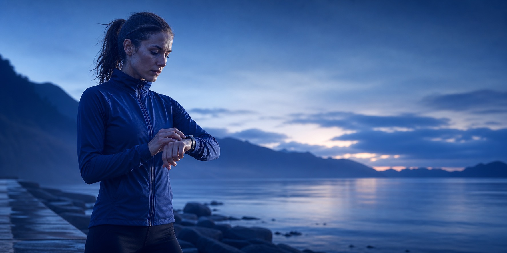 A female athlete pausing mid-run to check a message from her AI coach.