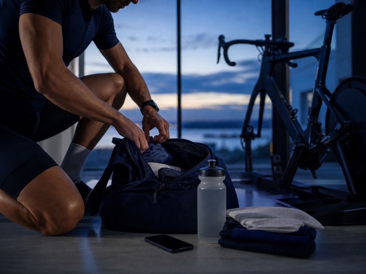 A cyclist packing training kit beside an indoor bike setup before dawn.